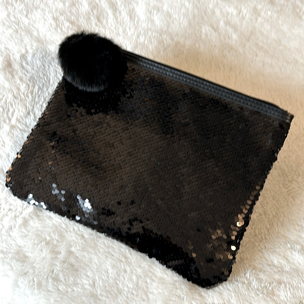 Black Sequin Makeup Pouch with Pompom NWOT